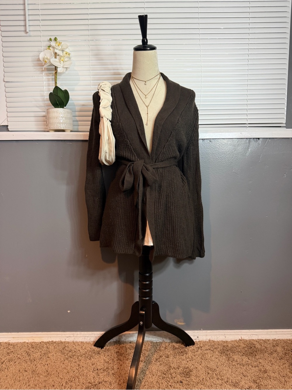 New York & Company Brown Belted Cardigan XS Shawl Collar Longline Sweater